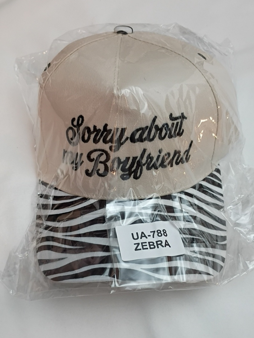 Women's Sorry About My Boyfriend Beige Zebra Baseball Cap